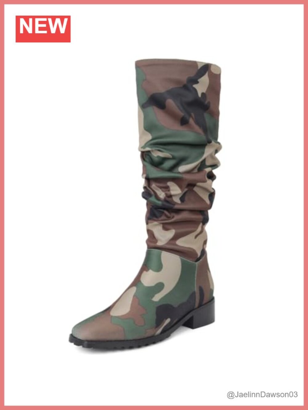 Women's Camouflage Slouchy Knee High Boots Square Toe Chunky Flat Heel Combat
